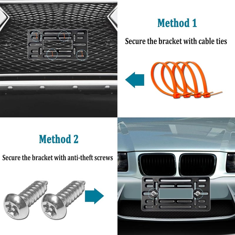 AOOTF Front License Plate Bracket Holder- Front License Plate Mounting Kit for 2 Drill Holes Bumper, Universal Car Tag Adapter with Anti Theft Stainless Steel Screw Bolt Caps - Image 4