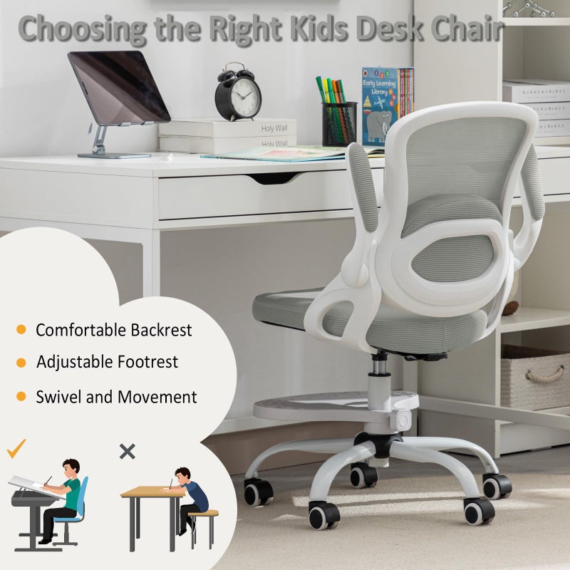 MINPINSER Kids Desk Chair,Ergonomic Study Chair with Adjustable Height,Swivel Mesh Desk Chair with Wheels,Home Office Chair for Children in Home Bedroom Grey - Image 4