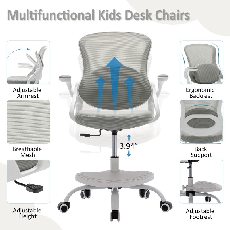 MINPINSER Kids Desk Chair,Ergonomic Study Chair with Adjustable Height,Swivel Mesh Desk Chair with Wheels,Home Office Chair for Children in Home Bedroom Grey - Image 3