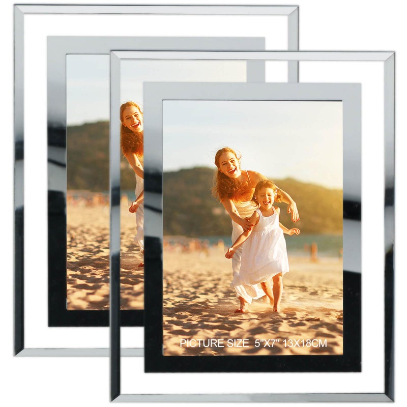 HIKWADERY 5x7 Picture Frames Silver - Set of 2  HD Real Glass 5 by 7 Photo Frame Mirrored Edge Great Gift  for Tabletop Display (5 x 7  Silver) - Image 1