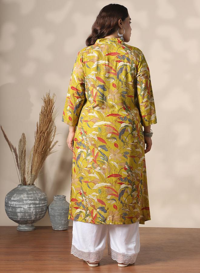 globus Plus Size Shirt Collar Gold Foil Floral Print Straight Kurta - Image 3