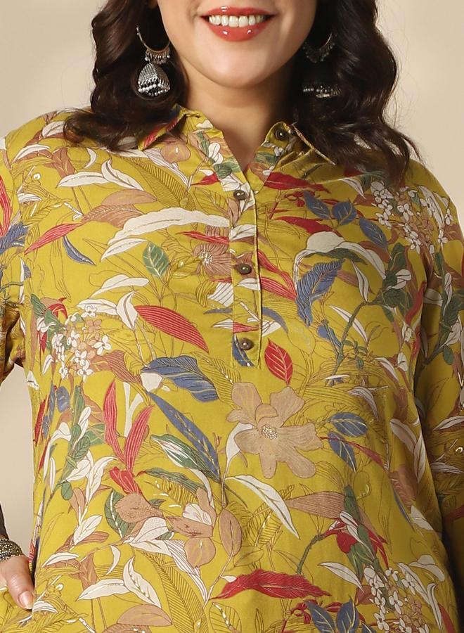 globus Plus Size Shirt Collar Gold Foil Floral Print Straight Kurta - Image 4