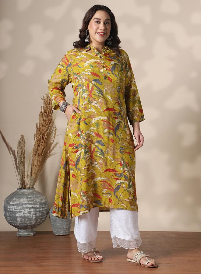 globus Plus Size Shirt Collar Gold Foil Floral Print Straight Kurta - Image 1