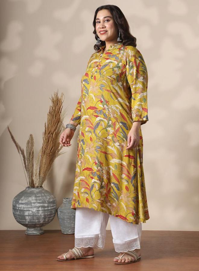 globus Plus Size Shirt Collar Gold Foil Floral Print Straight Kurta - Image 2