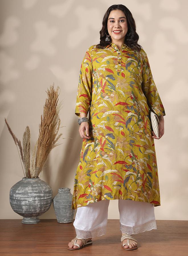 globus Plus Size Shirt Collar Gold Foil Floral Print Straight Kurta - Image 5