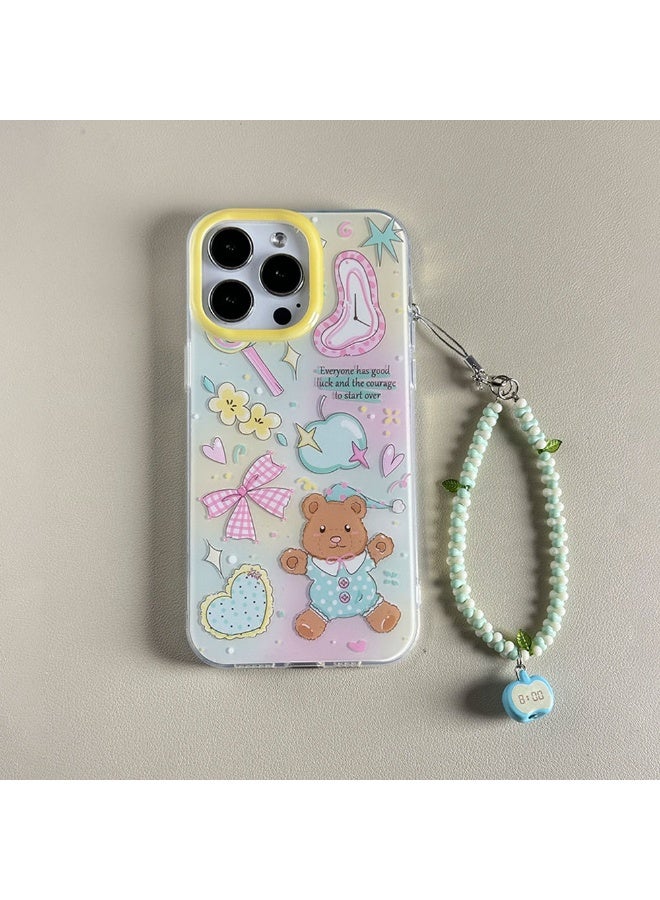 NIBEMINENT Cartoon Bear Protective TPU Case Cover For iPhone 15, Green Splicing With Blue Apple Pendant