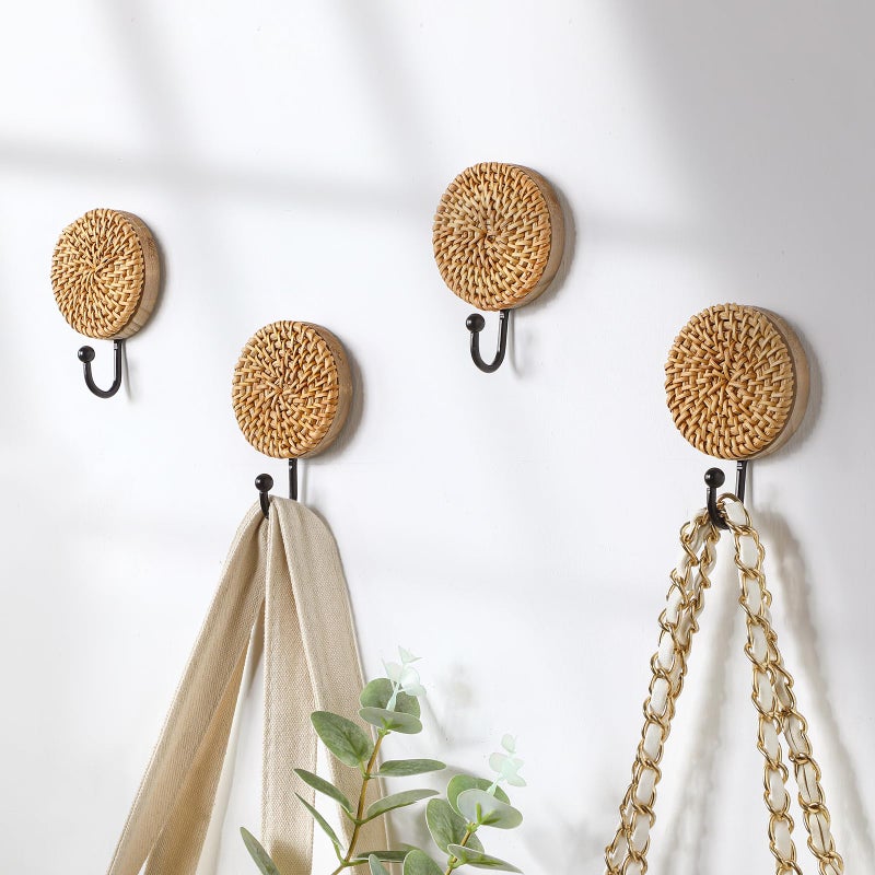 Colingmill 4 Pcs Boho Rattan Wall Towel Hooks Decorative Woven Hanging Holder Farmhouse Coat Rack Hooks Wood Coat Rack Wall Mount Vintage Decorative Hook for Hanging CoatsRound - Image 2