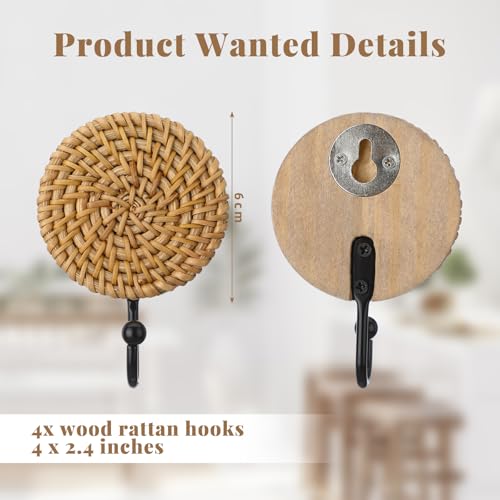Colingmill 4 Pcs Boho Rattan Wall Towel Hooks Decorative Woven Hanging Holder Farmhouse Coat Rack Hooks Wood Coat Rack Wall Mount Vintage Decorative Hook for Hanging CoatsRound - Image 3