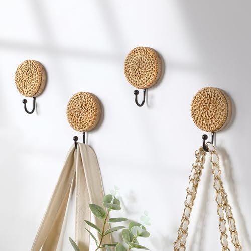Colingmill 4 Pcs Boho Rattan Wall Towel Hooks Decorative Woven Hanging Holder Farmhouse Coat Rack Hooks Wood Coat Rack Wall Mount Vintage Decorative Hook for Hanging CoatsRound - Image 1