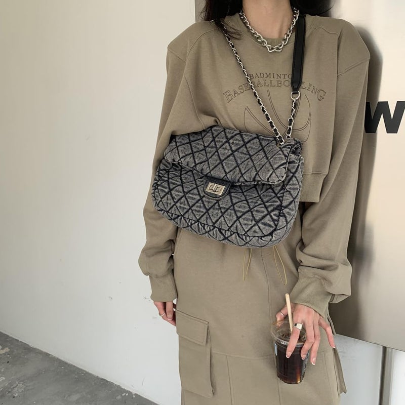 Washed Denim Crossbody Bag 13 × 9 × 2 Inches - Retro Faded Finish Adjustable Chain Leather Strap Shoulder Bag for Daily School Work Travel Teenage Girls Women - Image 3