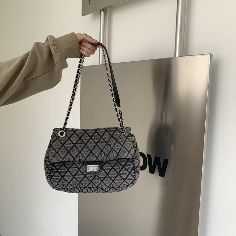 Washed Denim Crossbody Bag 13 × 9 × 2 Inches - Retro Faded Finish Adjustable Chain Leather Strap Shoulder Bag for Daily School Work Travel Teenage Girls Women - Image 2