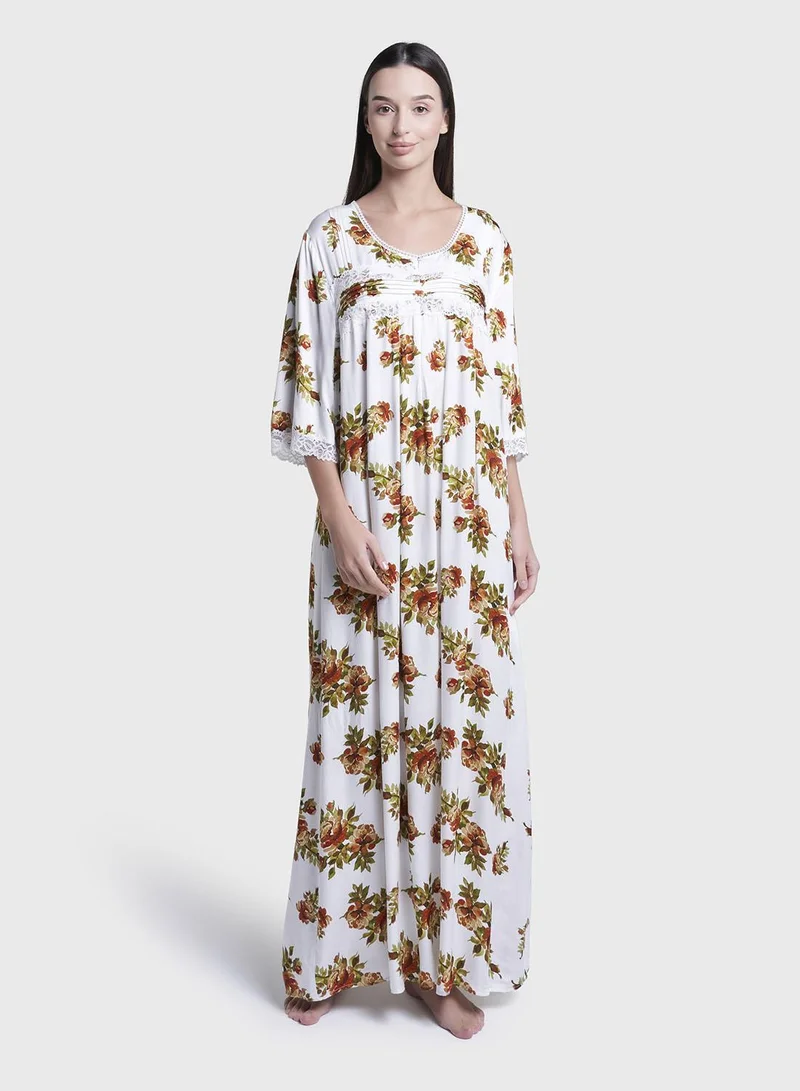 كشخة White Floral Print Long Nightwear Dress (CNH465)
