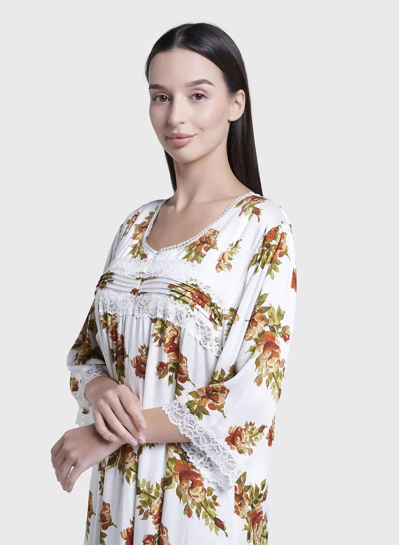 كشخة White Floral Print Long Nightwear Dress (CNH465)