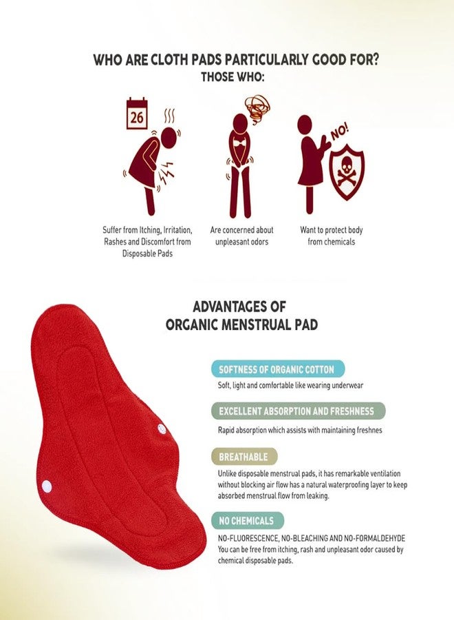 CareDone Red Reusable Cotton Sanitary Pad Cloth I Washable Cloth Pads I Soft and Breathable Fabric | Super Absorbent Ultra Soft Cotton Rash Free Pads For Women (6 Count- Red Reusable Pads) - Image 4