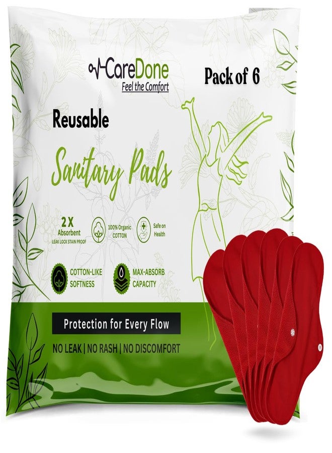 CareDone Red Reusable Cotton Sanitary Pad Cloth I Washable Cloth Pads I Soft and Breathable Fabric | Super Absorbent Ultra Soft Cotton Rash Free Pads For Women (6 Count- Red Reusable Pads) - Image 1