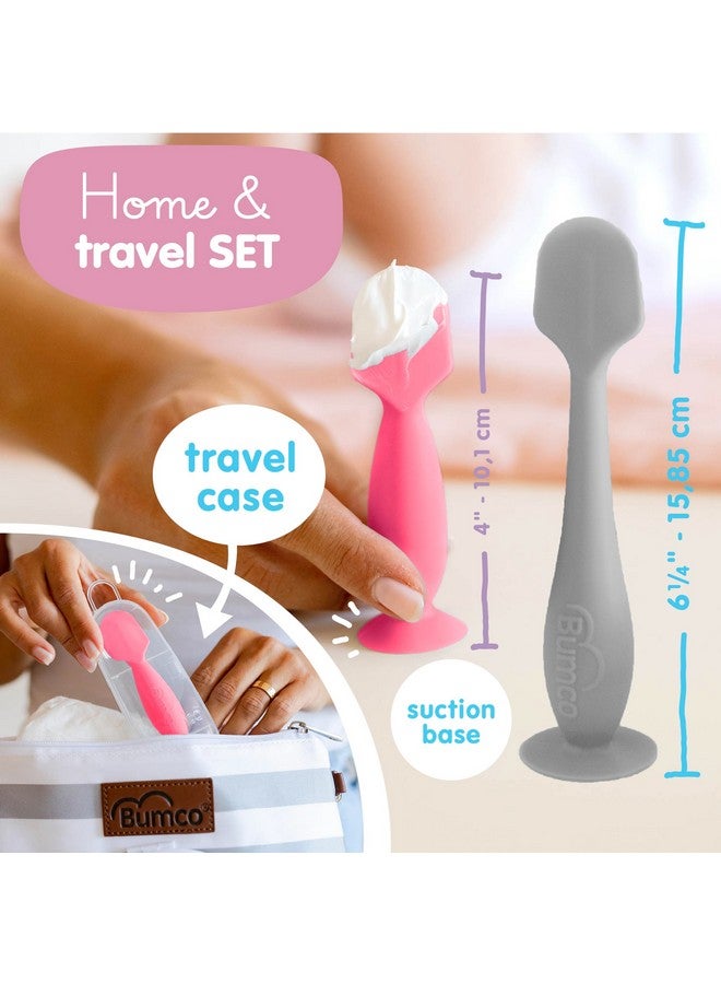 بيبي بام برَش فرشاة أرداف بومكو بيبي + ملعقة كريم حفاضات صغيرة مع حقيبة - ملعقة خالية من مادة BPA، ملعقة حفاضات ناعمة، أداة وضع كريم حفاضات الأطفال، أساسيات حقيبة الحفاضات من ابتكار الأم، ملعقة المؤخرة - Image 2