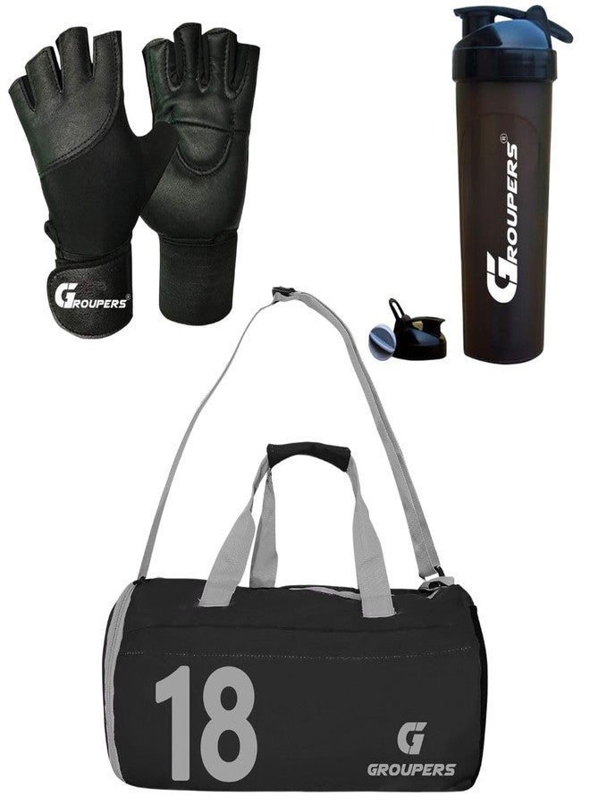 Groupers Foldable Gym Bag 20-25L - Black Weekender with Shoe Pocket + 700ml BPA-Free Shaker Bottle & Ventilated Gym Gloves, Waterproof Gym Bag Combo for Men & Women - Image 1