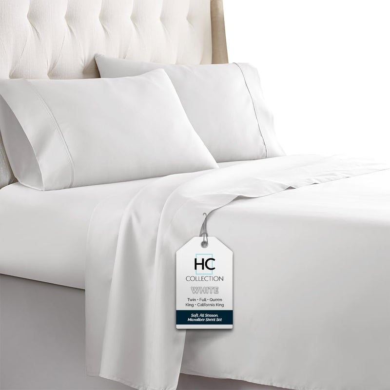 HC COLLECTION Bed Sheets Set King with 2 Pillowcases Hotel Luxury Brushed Microfiber Sheet wDeep Pocket Fade Resistant Ultra Soft Breathable Lightweight 4 Pcs Bedding Solid Color White