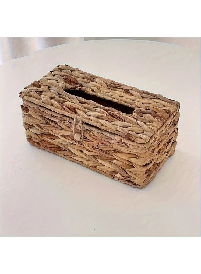 صندوق مناديل منسوج مستطيل بغطاء على الطراز البوهيمي - منظِّم من الروطان البيج - Image 1