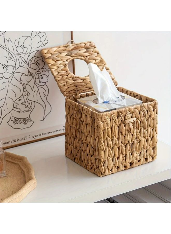 صندوق مناديل منسوج مستطيل بغطاء على الطراز البوهيمي - منظِّم من الروطان البيج - Image 2