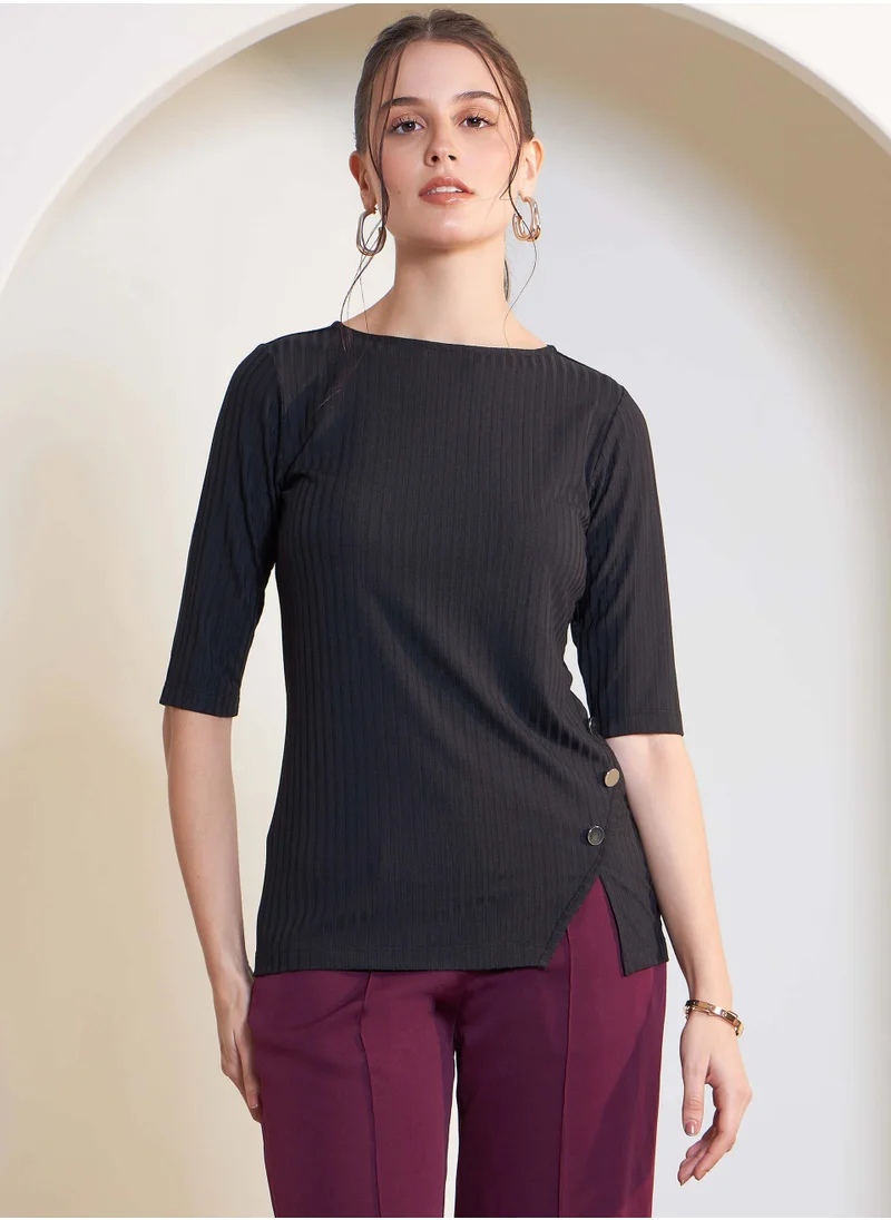 سولت اتاير Women's Ink Black Tailored Rib Knit Top with Round Neckline, Side Front Slit with Button Detailing, and Elbow-Length Sleeves for Effortless Chic Style