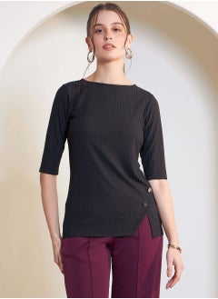 Salt Attire Women's Ink Black Tailored Rib Knit Top with Round Neckline, Side Front Slit with Button Detailing, and Elbow-Length Sleeves for Effortless Chic Style  - Image 1