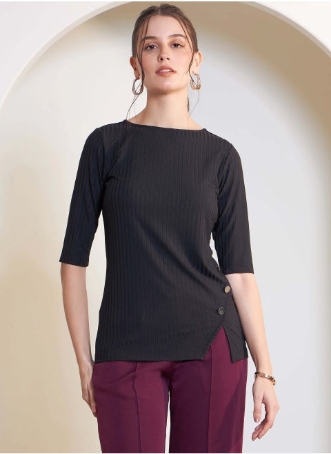 Women's Ink Black Tailored Rib Knit Top with Round Neckline, Side Front Slit with Button Detailing, and Elbow-Length Sleeves for Effortless Chic Style