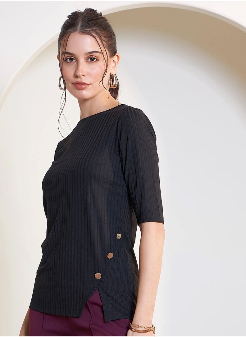 Salt Attire Women's Ink Black Tailored Rib Knit Top with Round Neckline, Side Front Slit with Button Detailing, and Elbow-Length Sleeves for Effortless Chic Style  - Image 2