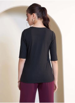 Salt Attire Women's Ink Black Tailored Rib Knit Top with Round Neckline, Side Front Slit with Button Detailing, and Elbow-Length Sleeves for Effortless Chic Style  - Image 5