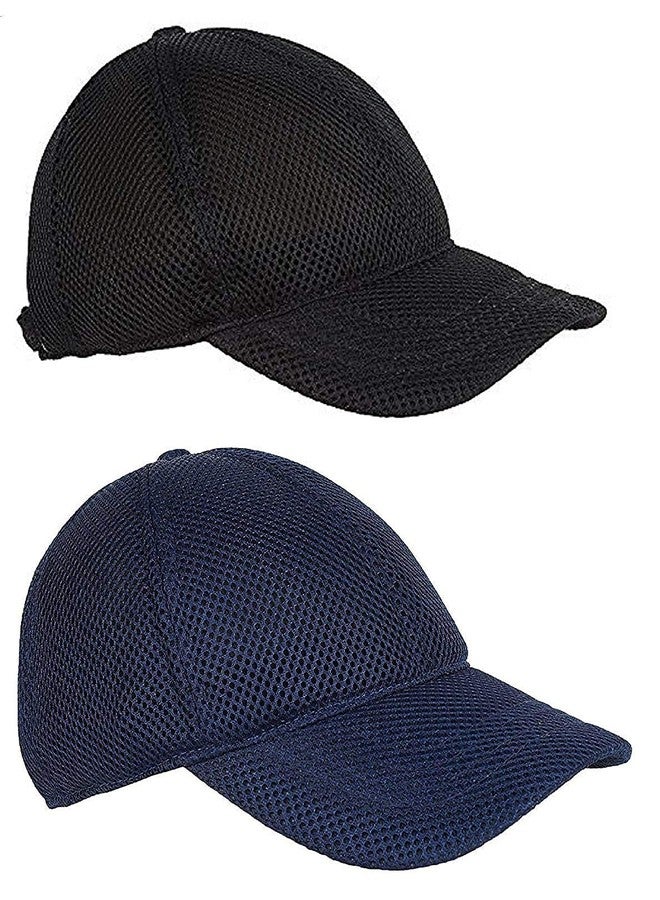V3E قبعة بيسبول قطنية للأطفال من الأولاد والبنات بشبكة كاملة/شبكة كاملة مع حافة منحنية بحجم مجاني/قابلة للتعديل (أسود وأزرق بحري)-(عبوة من 02) - Image 1