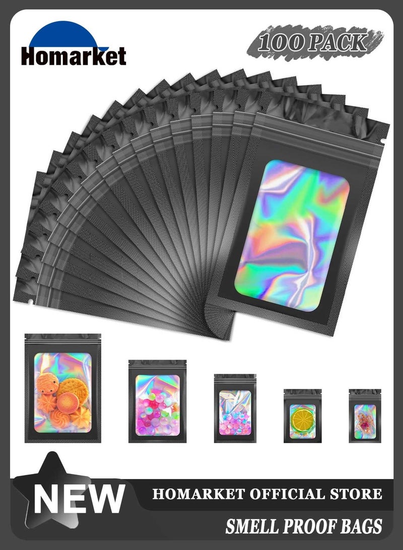 HomarKet 100 pcs Black Mylar Holographic Bags Packaging Bags,Clear Resealable Smell Proof Bags Foil Pouch Bags for Food Storage and Lipgloss,Jewelry,Eyelash Packaging for Small Business - Image 1