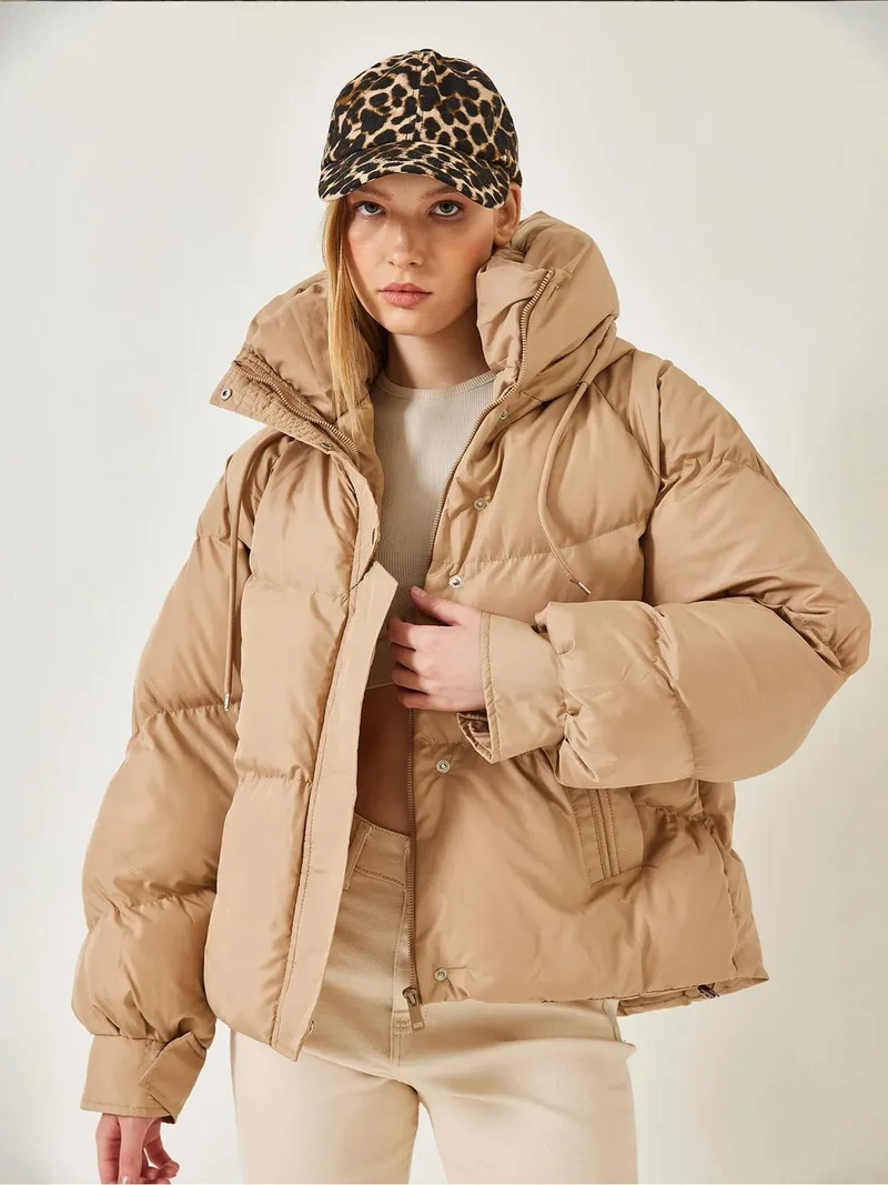 Bianco Lucci LUCCI Hooded Padded Faux Leather Spot Pattern Puff Coat