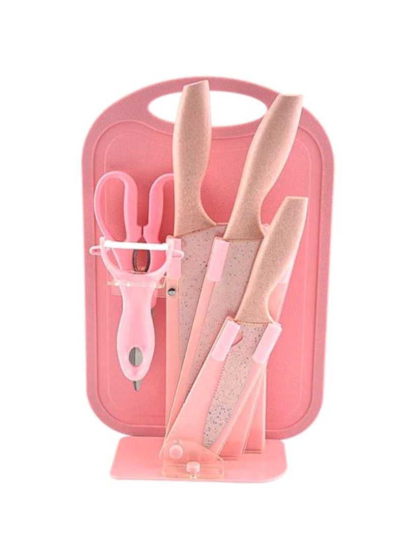 7-Piece Wheat Straw Knives Set, Household Stainless Steel Fruit Kitchen Knives With Cutting Board(pink) - Image 1