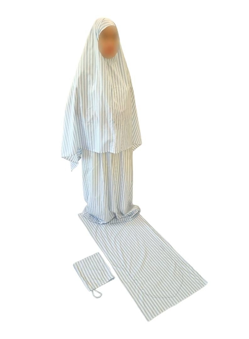 Toko Muslim Prayer Clothing Dress Set with Mat | 100% Cotton | for Women White with Light Blue Stripes | Handmade | Lightweight | Portable  - Image 1