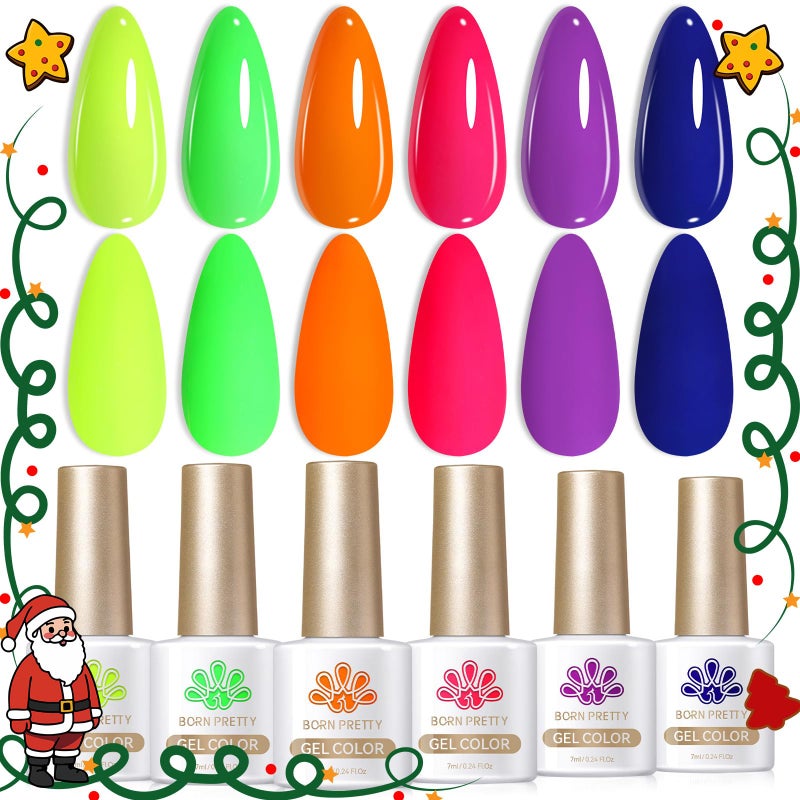 Born Pretty Neon Gel Nail Polish Set 6 Colors Christmas Luminous Glow in Dark Gel Polish Fluorescent Orange Hot Pink Blue Yellow Green Purple Gel Nail Polish Set 7ML - Image 1