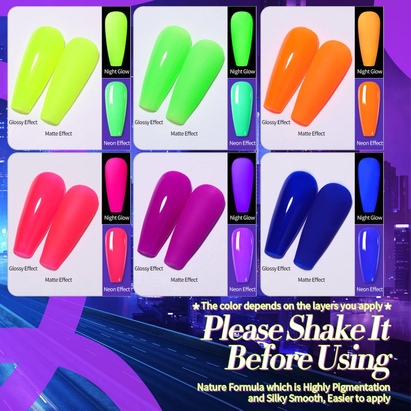Born Pretty Neon Gel Nail Polish Set 6 Colors Christmas Luminous Glow in Dark Gel Polish Fluorescent Orange Hot Pink Blue Yellow Green Purple Gel Nail Polish Set 7ML - Image 2