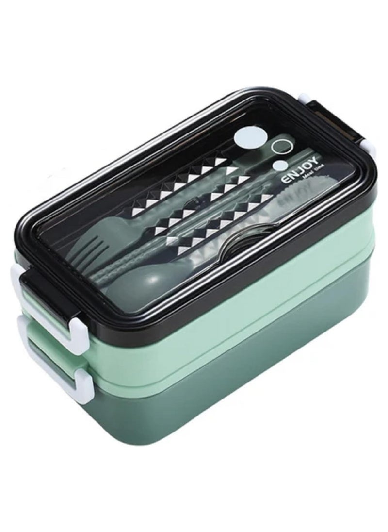 LIMITLESS 1050ml Lunch Box with 3 Compartments, Double Layer Bento Box with Sticks, Fork and Spoon for Adults and Kids, Leak Proof, Microwave Lunch Box for School, Work, Picnic & Travel (Green/Gray)  - Image 1