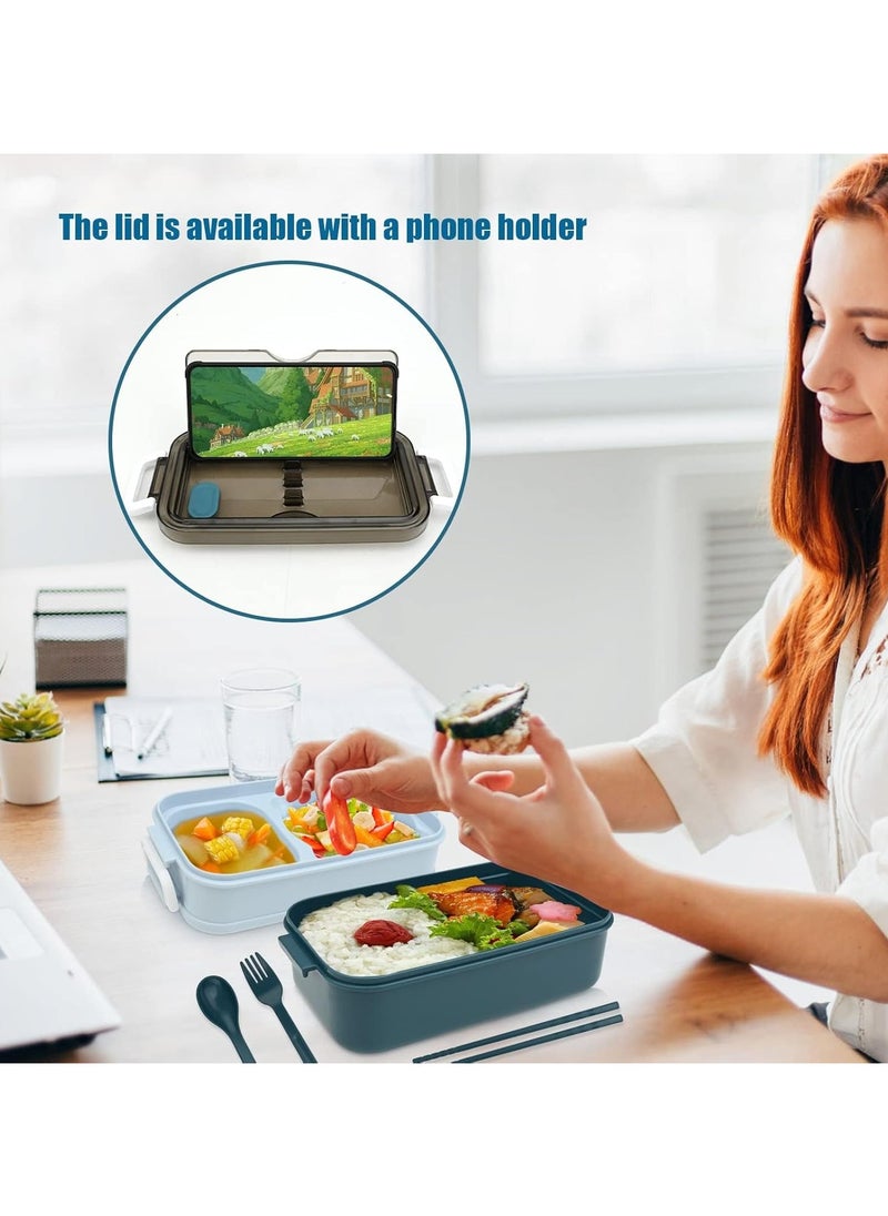 LIMITLESS 1050ml Lunch Box with 3 Compartments, Double Layer Bento Box with Sticks, Fork and Spoon for Adults and Kids, Leak Proof, Microwave Lunch Box for School, Work, Picnic & Travel (Green/Gray)  - Image 3