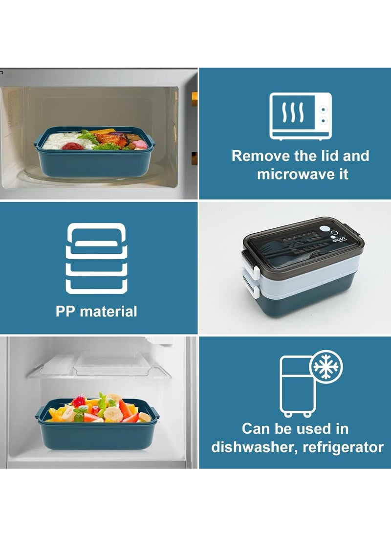 LIMITLESS 1050ml Lunch Box with 3 Compartments, Double Layer Bento Box with Sticks, Fork and Spoon for Adults and Kids, Leak Proof, Microwave Lunch Box for School, Work, Picnic & Travel (Green/Gray)  - Image 4