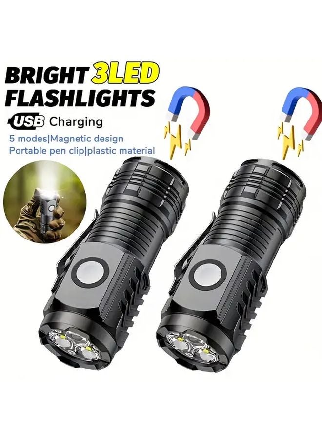 قطعتان مصباح يدوي صغير أسود بإضاءة LED بشاحن USB، 5 أوضاع، قاعدة مغناطيسية للاستخدام بدون يدين - Image 1