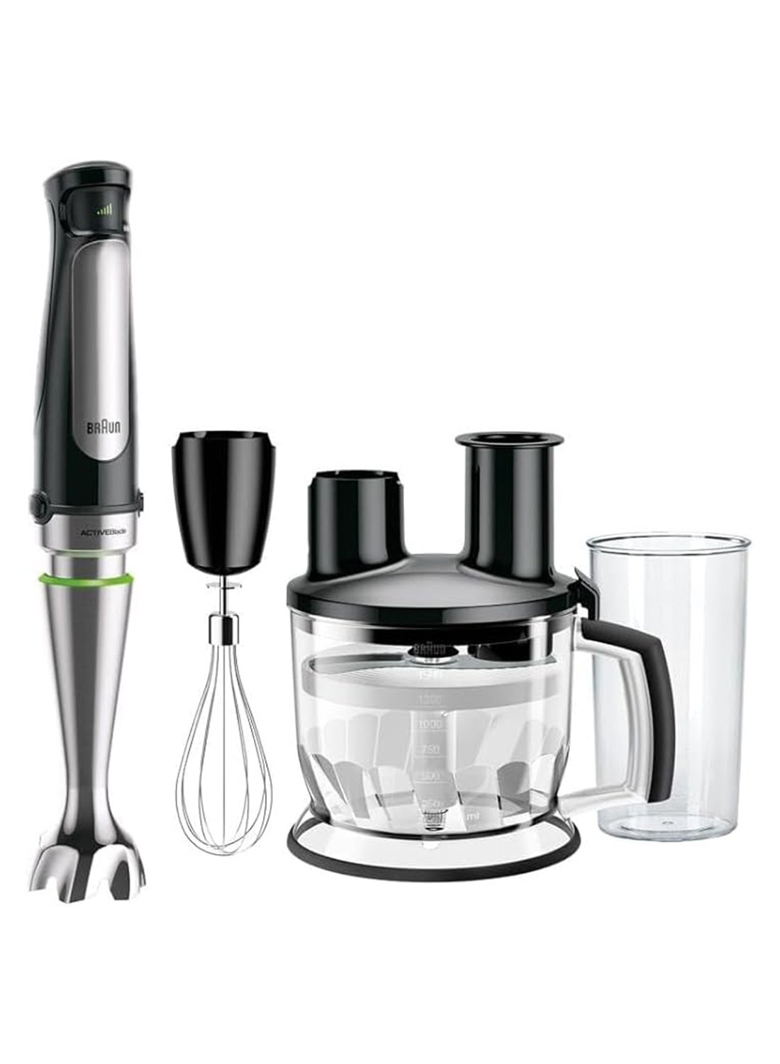 BRAUN Multi Quick 7, 1.5L Food Processor, 0.600L Beaker, Whisk, Stainless Steel Shaft, Splash Control, MQ7075X Black/Silver/Clear