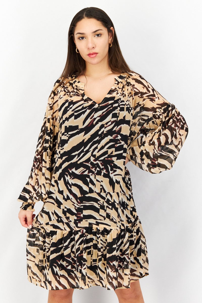 ESPRIT Women V-Neck Long Sleeve Allover Printed Mini Dress, Multicolor - Image 1