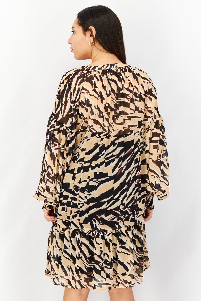 ESPRIT Women V-Neck Long Sleeve Allover Printed Mini Dress, Multicolor - Image 3