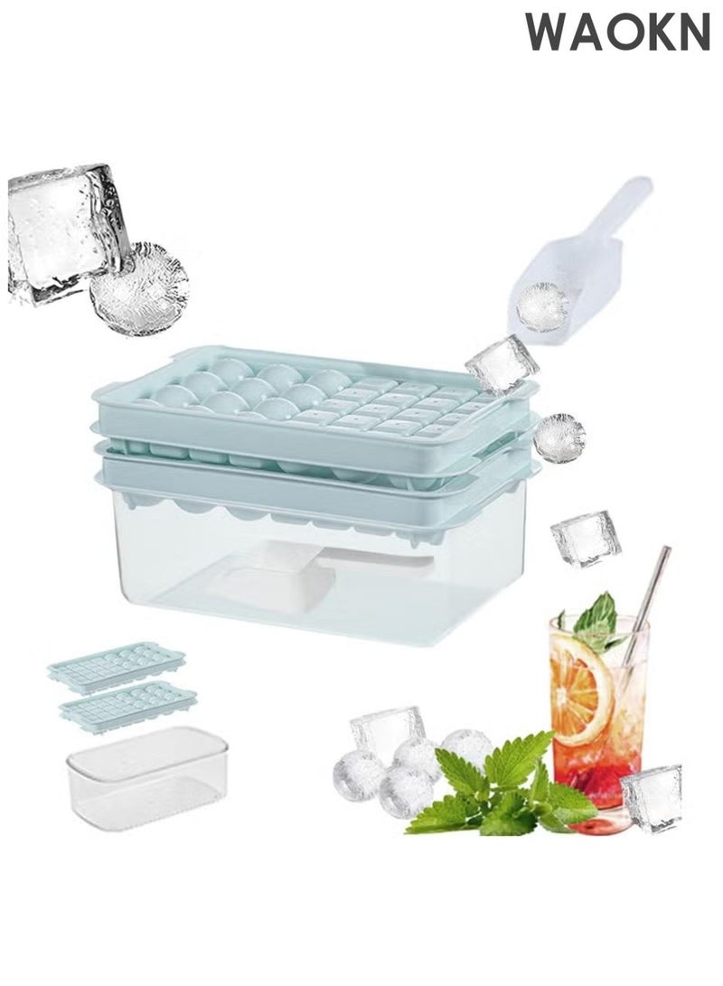 دبليو أيه أو كي أن صينية مكعبات ثلج بغطاء وحاوية للتجميد، قوالب مكعبات ثلج دائرية ومربعة للفريزر، صينية ثلج مع حاوية لصنع 64 قطعة من مكعبات الثلج الكروية لتبريد الكوكتيلات والويسكي والشاي والقهوة، مزودة بملعقة، لون أزرق. - Image 1