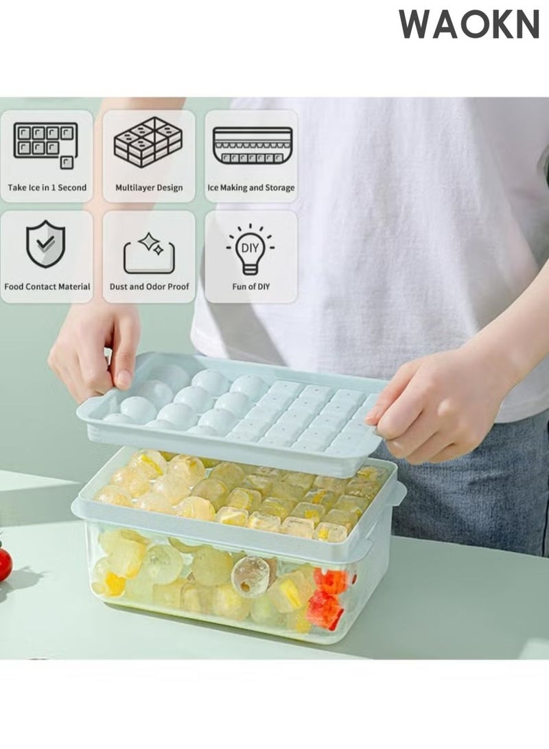 دبليو أيه أو كي أن صينية مكعبات ثلج بغطاء وحاوية للتجميد، قوالب مكعبات ثلج دائرية ومربعة للفريزر، صينية ثلج مع حاوية لصنع 64 قطعة من مكعبات الثلج الكروية لتبريد الكوكتيلات والويسكي والشاي والقهوة، مزودة بملعقة، لون أزرق. - Image 2