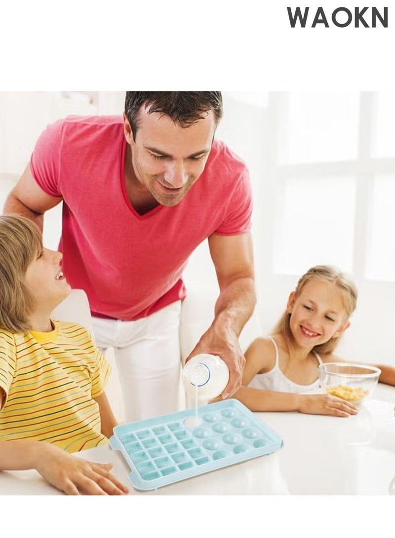 دبليو أيه أو كي أن صينية مكعبات ثلج بغطاء وحاوية للتجميد، قوالب مكعبات ثلج دائرية ومربعة للفريزر، صينية ثلج مع حاوية لصنع 64 قطعة من مكعبات الثلج الكروية لتبريد الكوكتيلات والويسكي والشاي والقهوة، مزودة بملعقة، لون أزرق. - Image 3