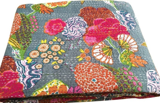 GREY KANTHA FLORAL PRINTED QUEEN SIZE 90X108 INCHES GUDARI BEDSPREAD RALLI COTTON HANDMADE
