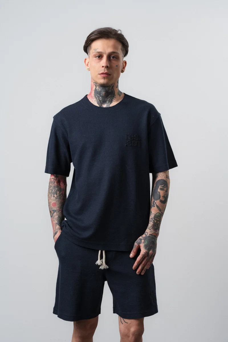 Respire Men's Dirty Stitch Regular Fit T-Shirt Navy Blue