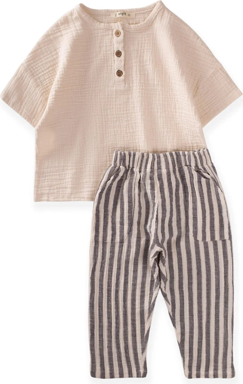 Cigit Bohemian Shirt with Harlem Trousers Suit Age 2-8 Cream/Navy Blue