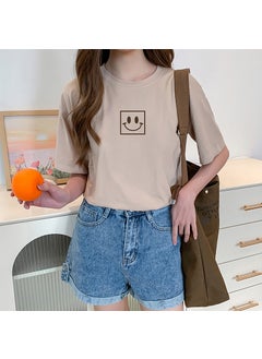 Summer Nursing Top for Fashion-Mom Short Sleeve 6557-128 Light Milk Tea Printed Square Smiling Face [Loose Short Sleeve